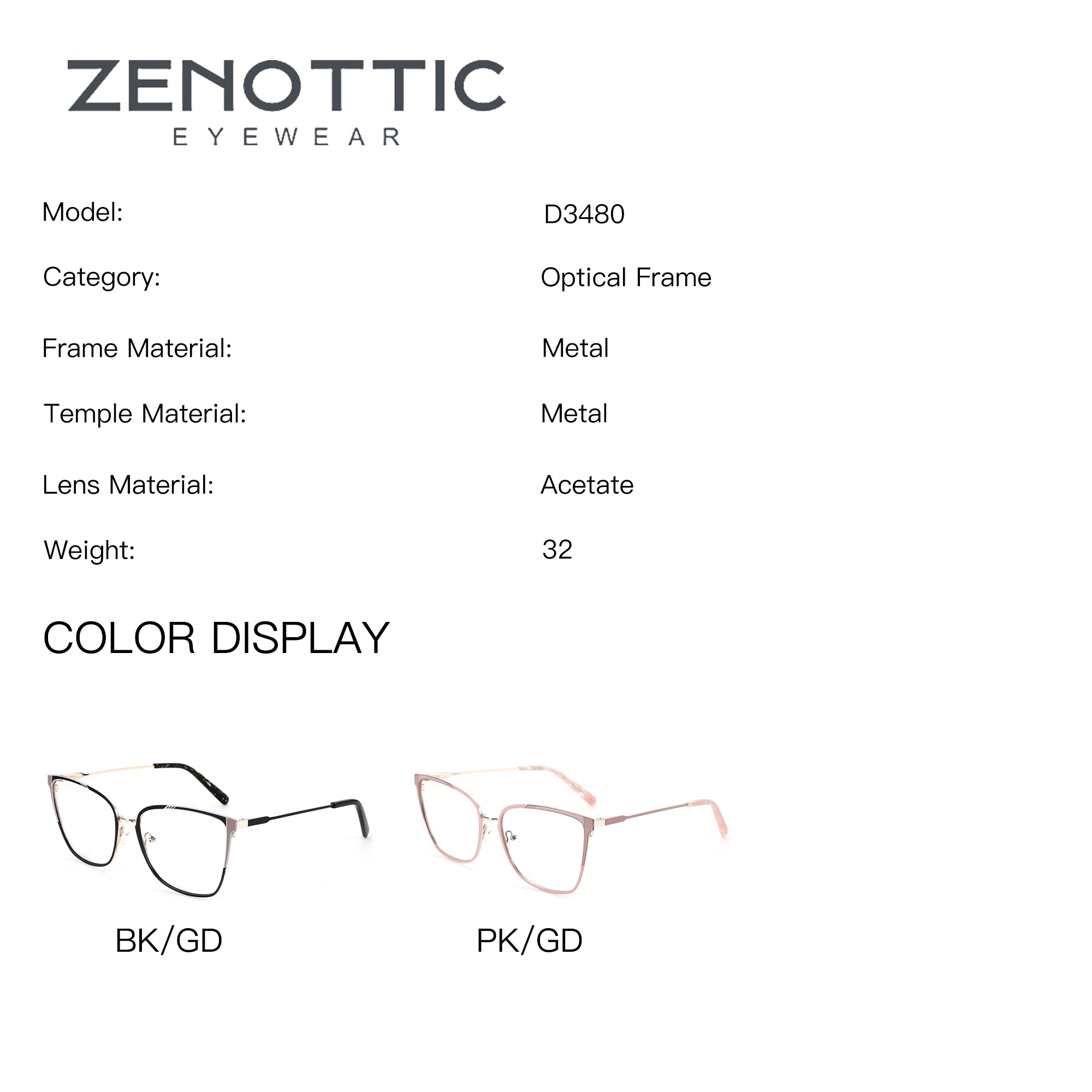 ZENOTTIC Veloma eyeglasses D3480 in black/gold and pink/gold metal square frames.