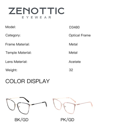 ZENOTTIC Veloma eyeglasses D3480 in black/gold and pink/gold metal square frames.