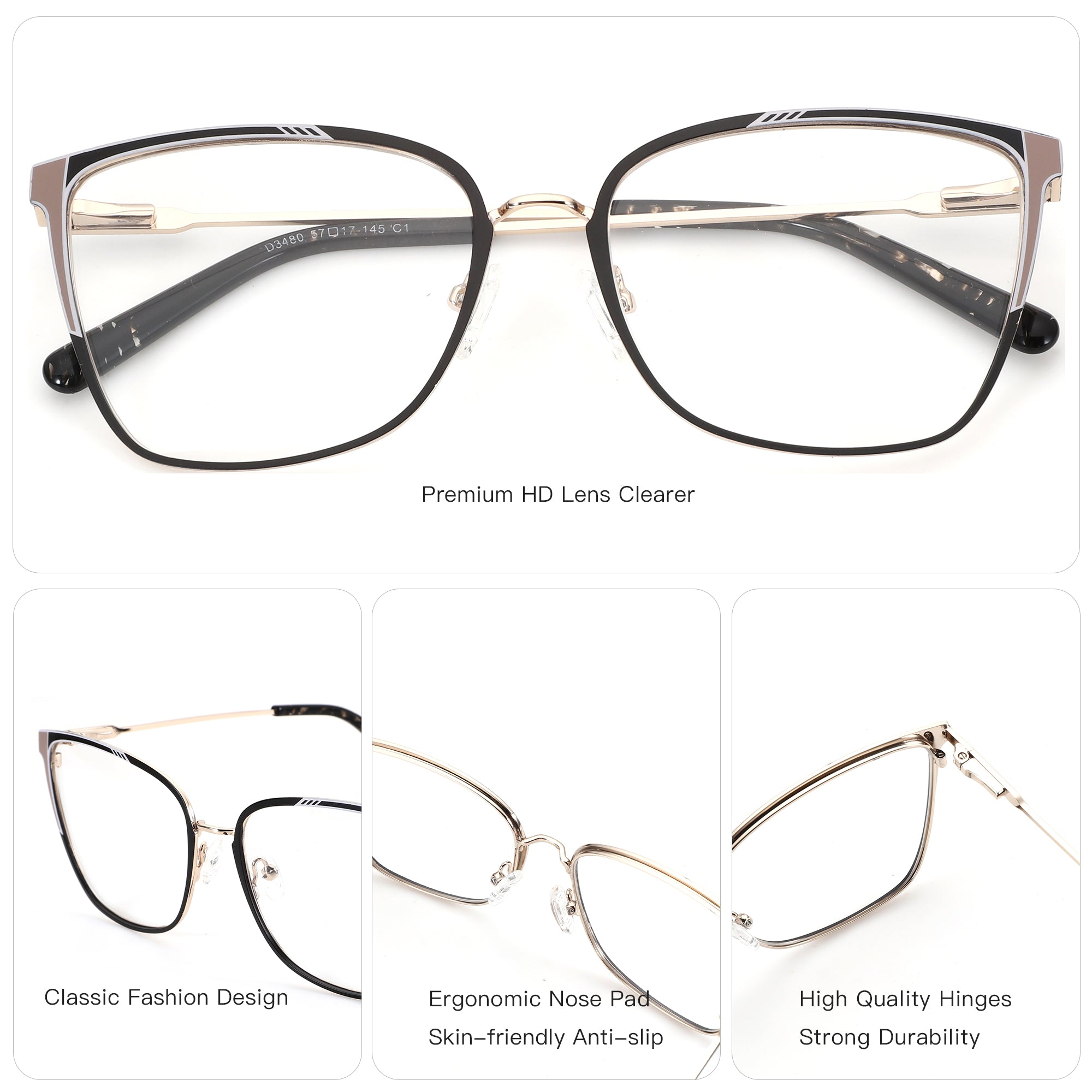ZENOTTIC Veloma prescription eyeglasses, square metal frame, clear lenses, vintage D3480 style.