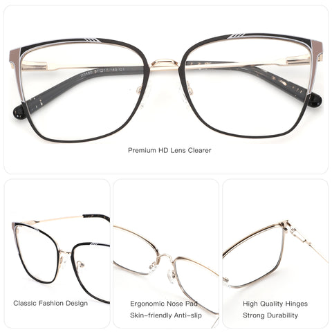 ZENOTTIC Veloma prescription eyeglasses, square metal frame, clear lenses, vintage D3480 style.