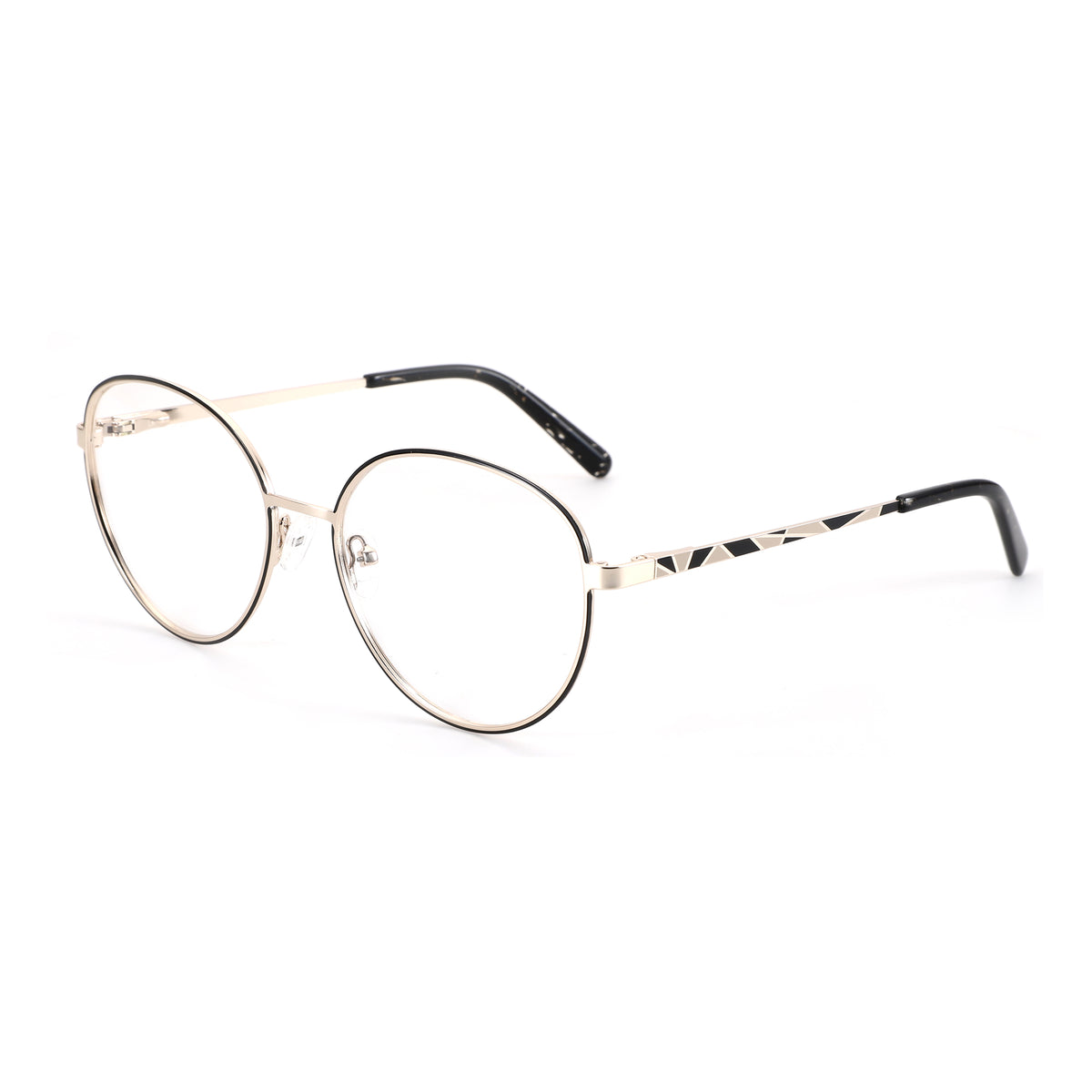Gold-toned round metal eyeglasses with black accents and geometric patterned temples.