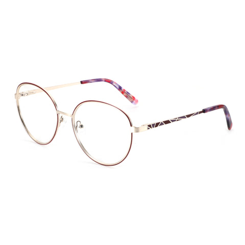 ZENOTTIC Solitude round metal eyeglasses with burgundy rim and patterned temples
