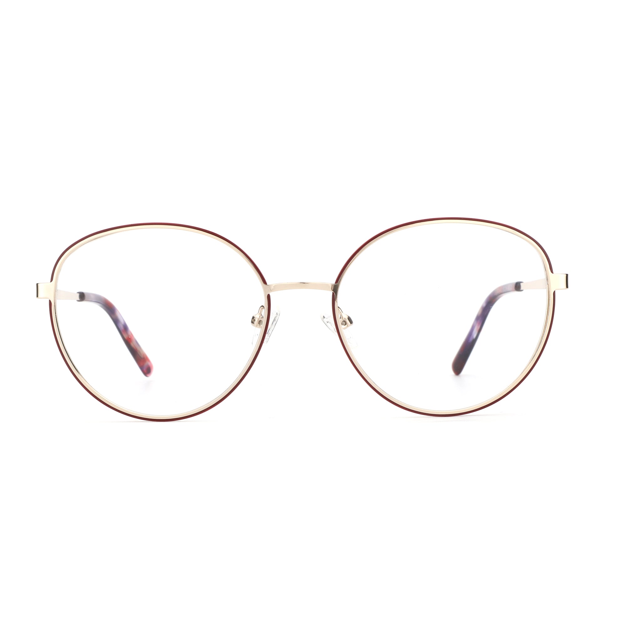 ZENOTTIC Solitude round eyeglasses: affordable gold metal frames with burgundy rim.