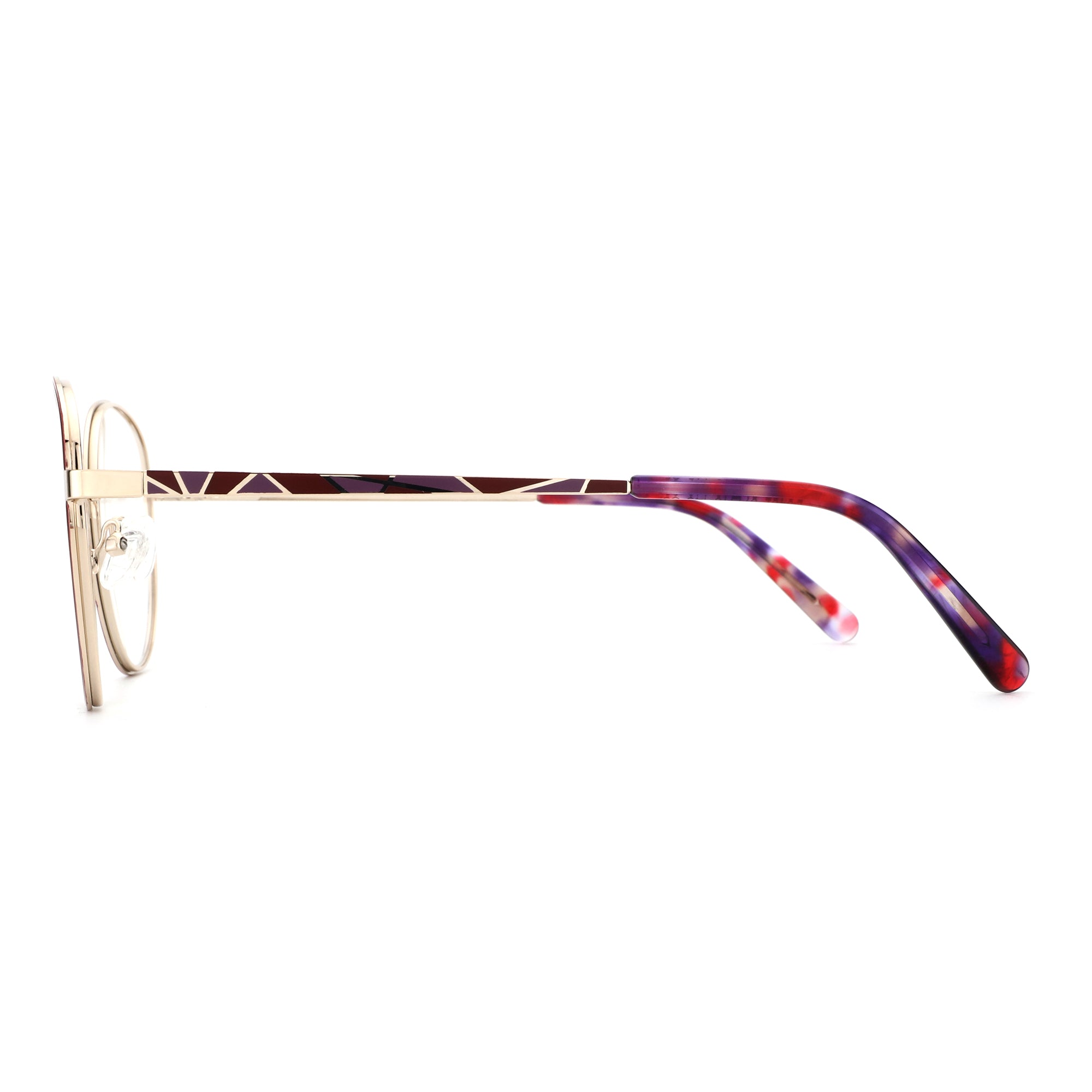 ZENOTTIC Solitude eyeglasses: gold metal frame, geometric patterned temple, marbled ear tips.