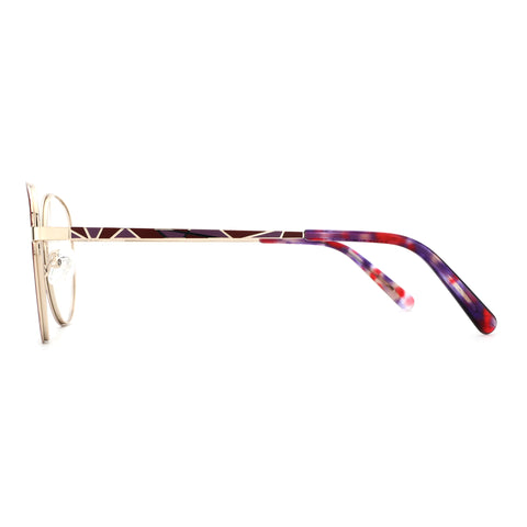 ZENOTTIC Solitude eyeglasses: gold metal frame, geometric patterned temple, marbled ear tips.