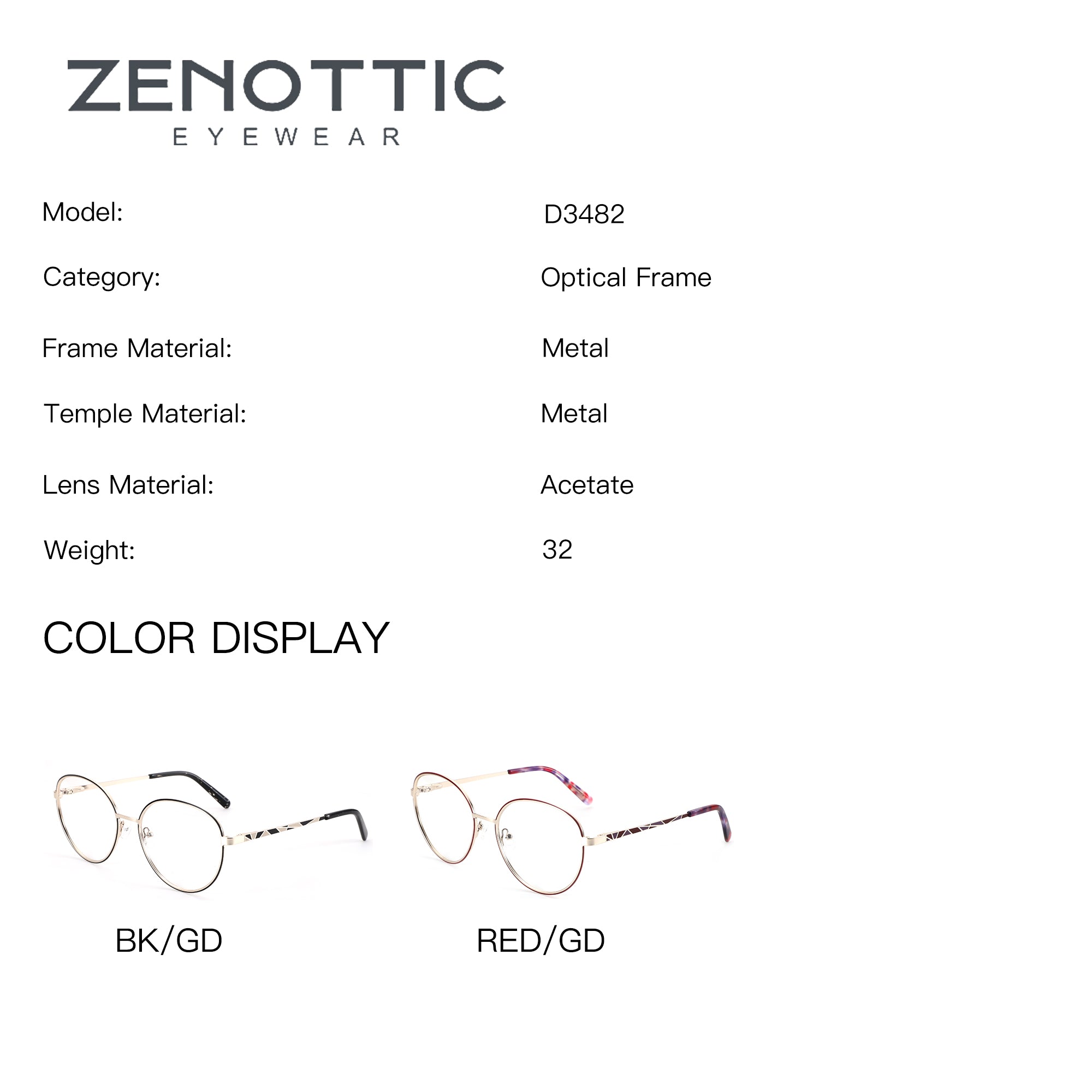 ZENOTTIC Solitude round eyeglasses in BK/GD and RED/GD colors. Metal full-rim design.