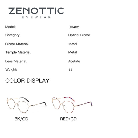 ZENOTTIC Solitude round eyeglasses in BK/GD and RED/GD colors. Metal full-rim design.