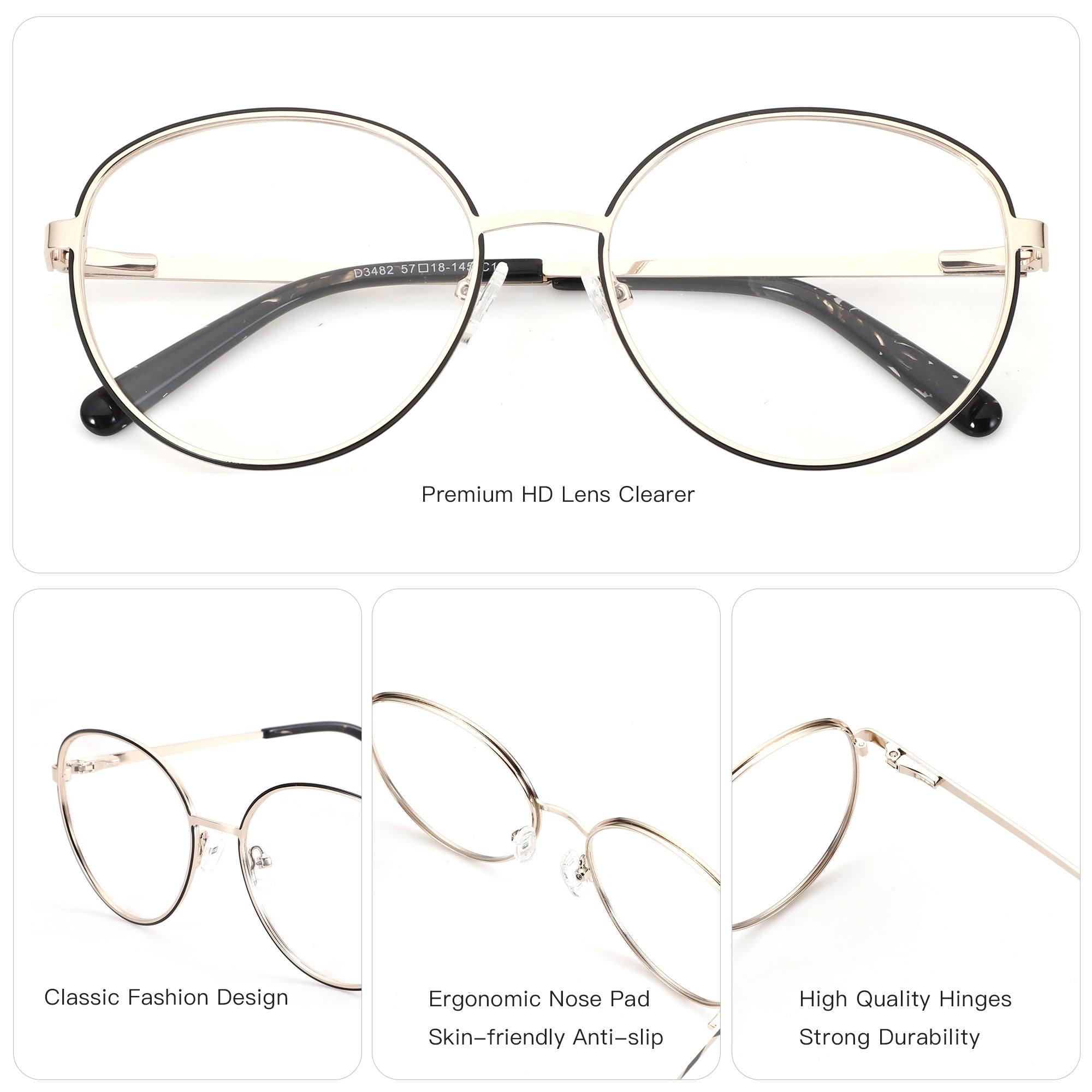 ZENOTTIC Solitude gold metal round eyeglasses, clear lenses, classic style.