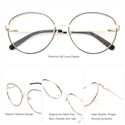 ZENOTTIC Solitude gold metal round eyeglasses, clear lenses, classic style.