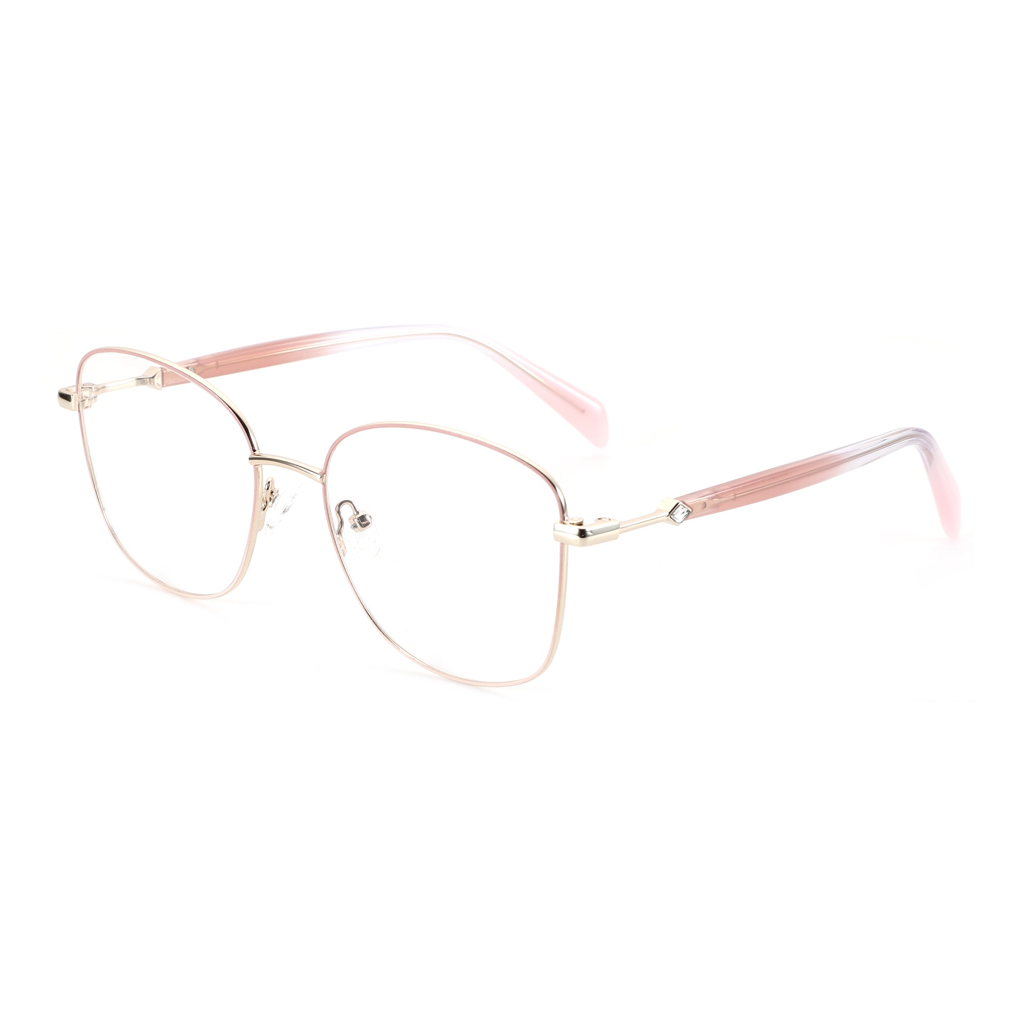 ZENOTTIC rose gold metal cat-eye glasses with pink gradient plastic temples, clear lenses.