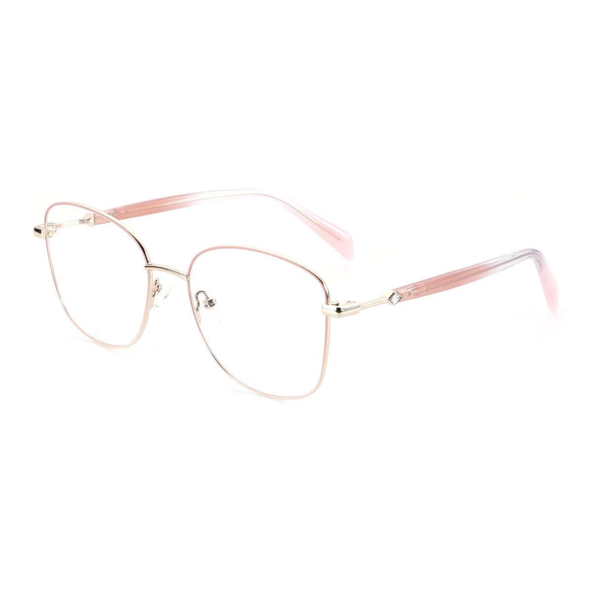 ZENOTTIC rose gold metal cat-eye glasses with pink gradient plastic temples, clear lenses.