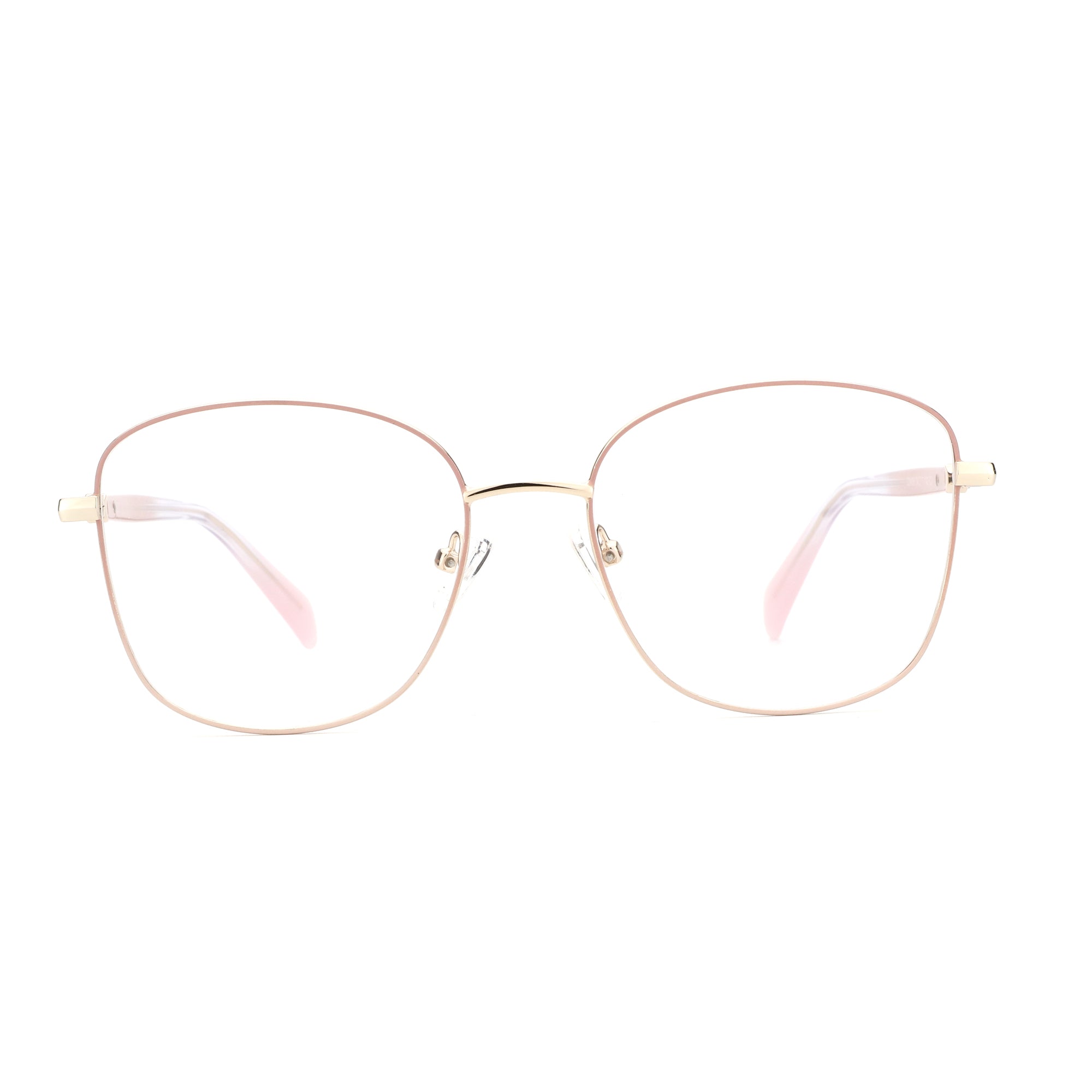 ZENOTTIC Ebony eyeglasses: rose gold metal frame with clear lenses and pink temples.