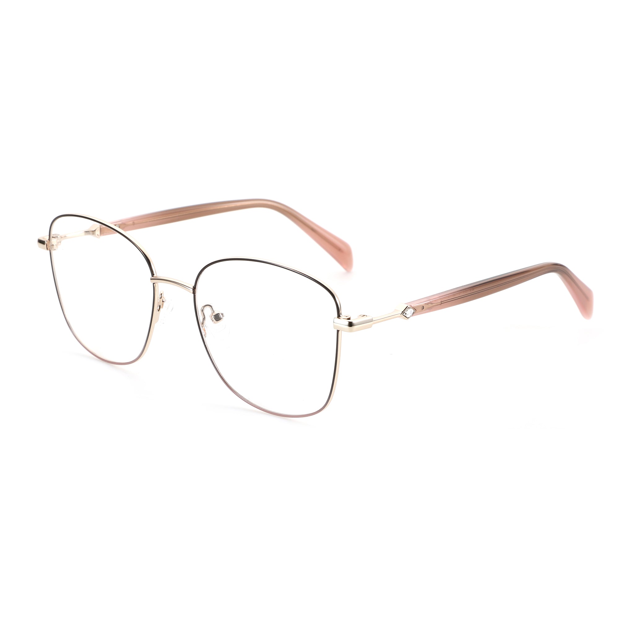 ZENOTTIC Eyewear gold metal frame geometric eyeglasses with translucent pink gradient temples.