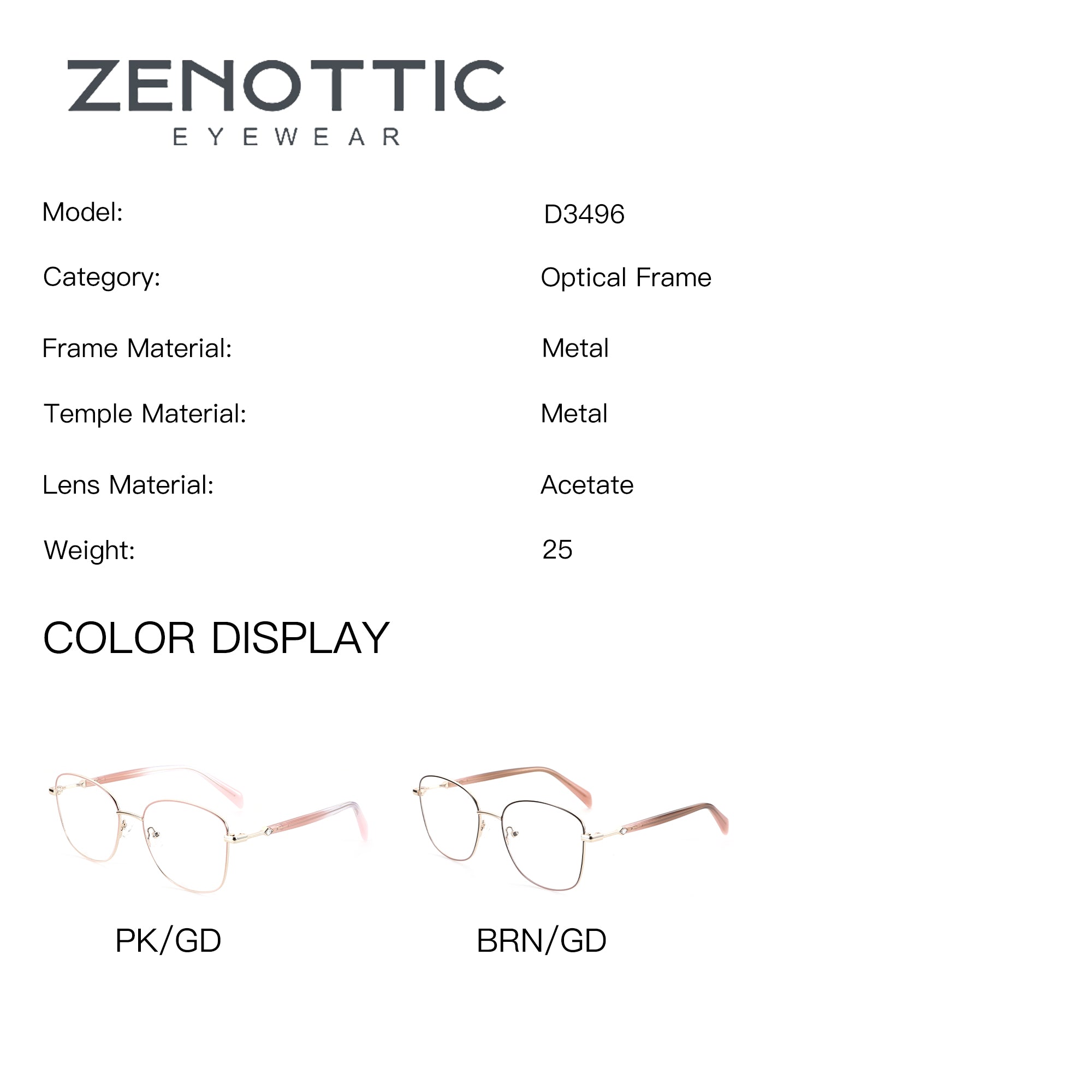 ZENOTTIC metal and acetate optical frames, model D3496, available in PK/GD and BRN/GD.