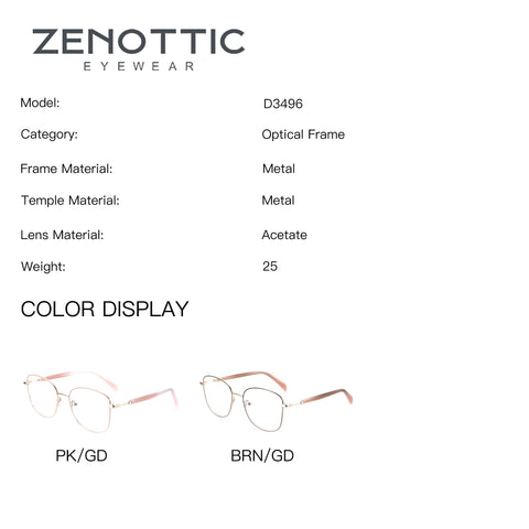 ZENOTTIC metal and acetate optical frames, model D3496, available in PK/GD and BRN/GD.