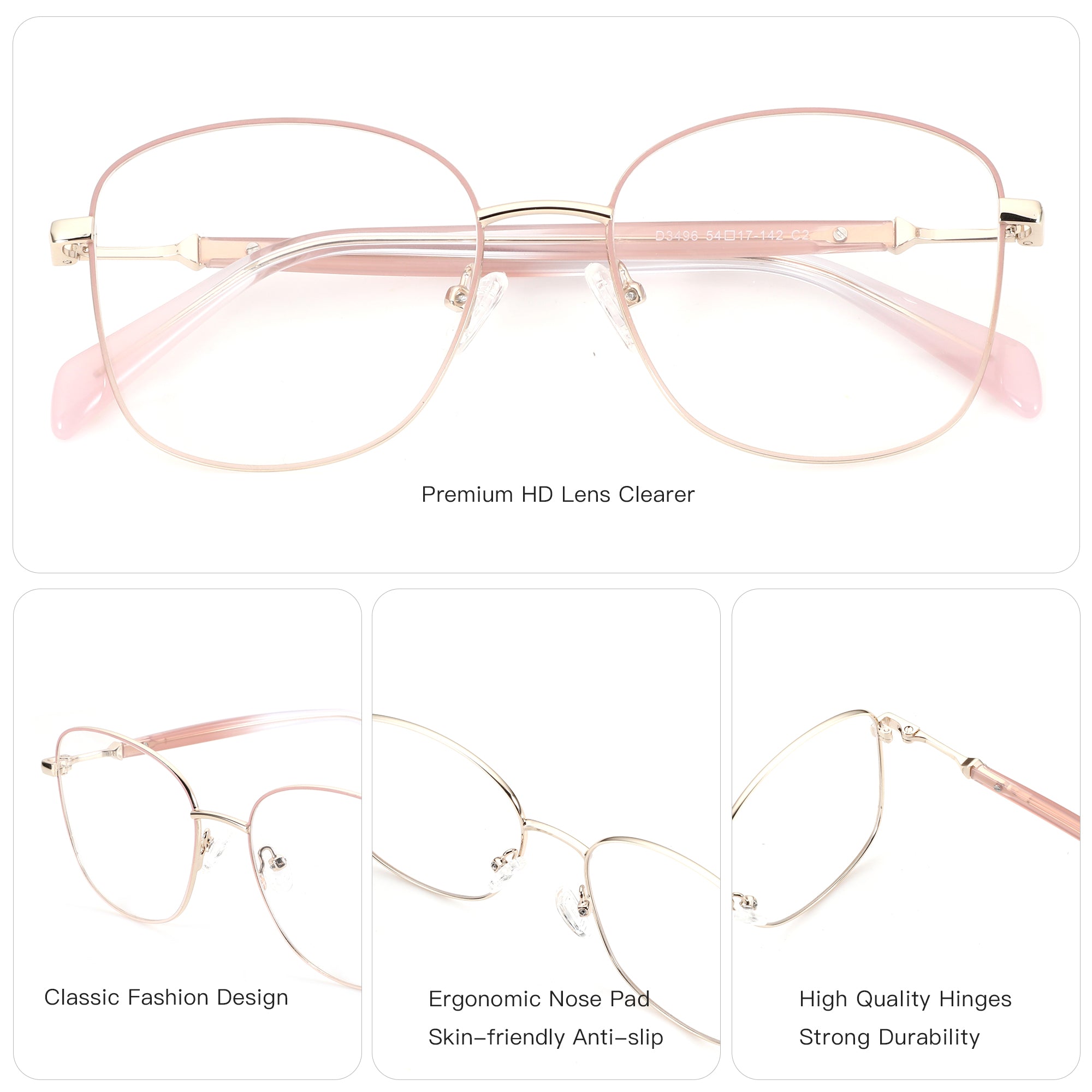ZENOTTIC D3496 rose gold metal geometric eyeglasses with clear lenses.