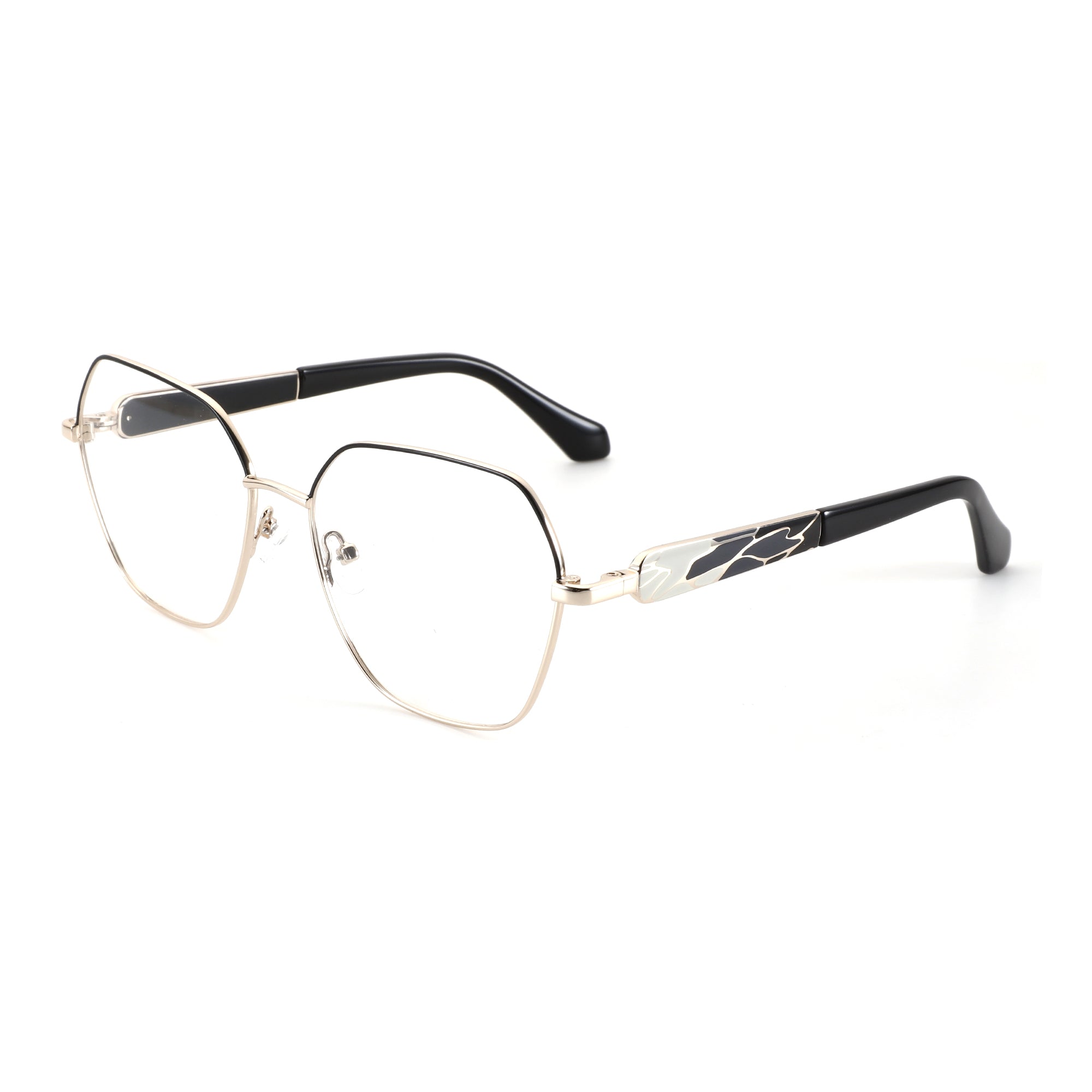 ZENOTTIC Zoey geometric eyeglasses, gold metal frame, clear lenses, patterned black arms.