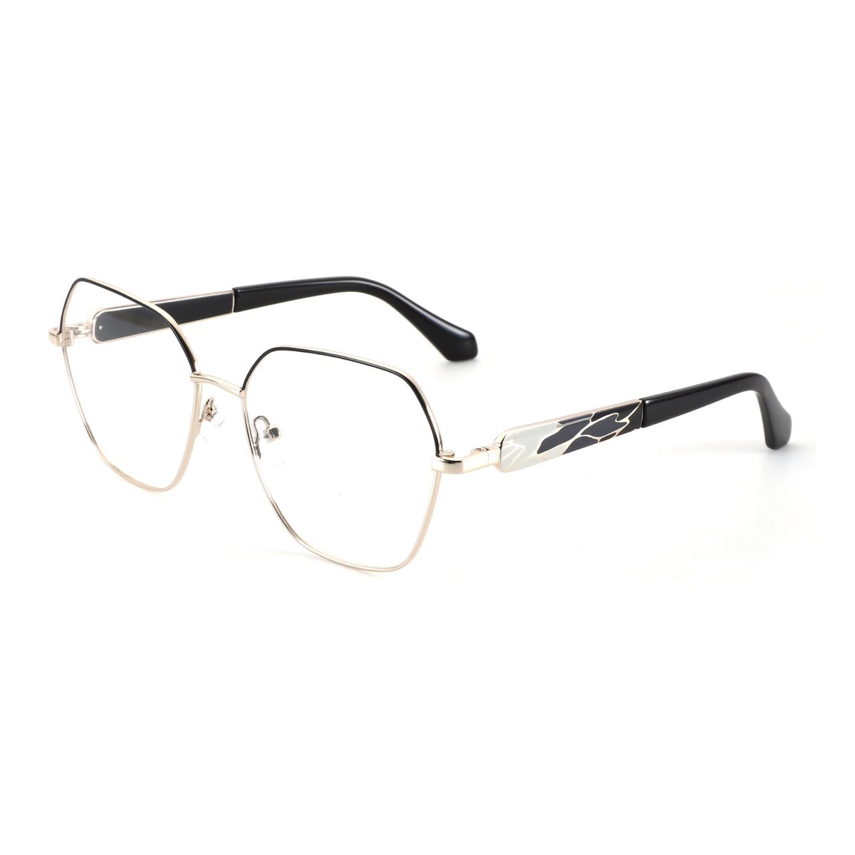 ZENOTTIC Zoey geometric eyeglasses, gold metal frame, clear lenses, patterned black arms.