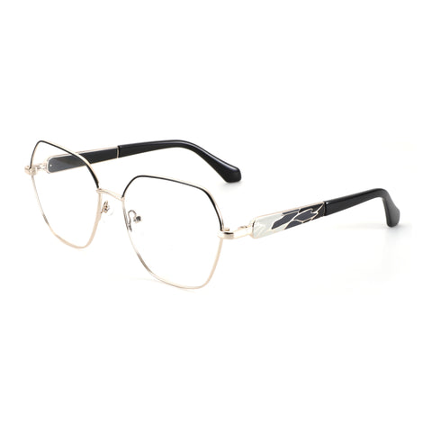 ZENOTTIC Zoey geometric eyeglasses, gold metal frame, clear lenses, patterned black arms.
