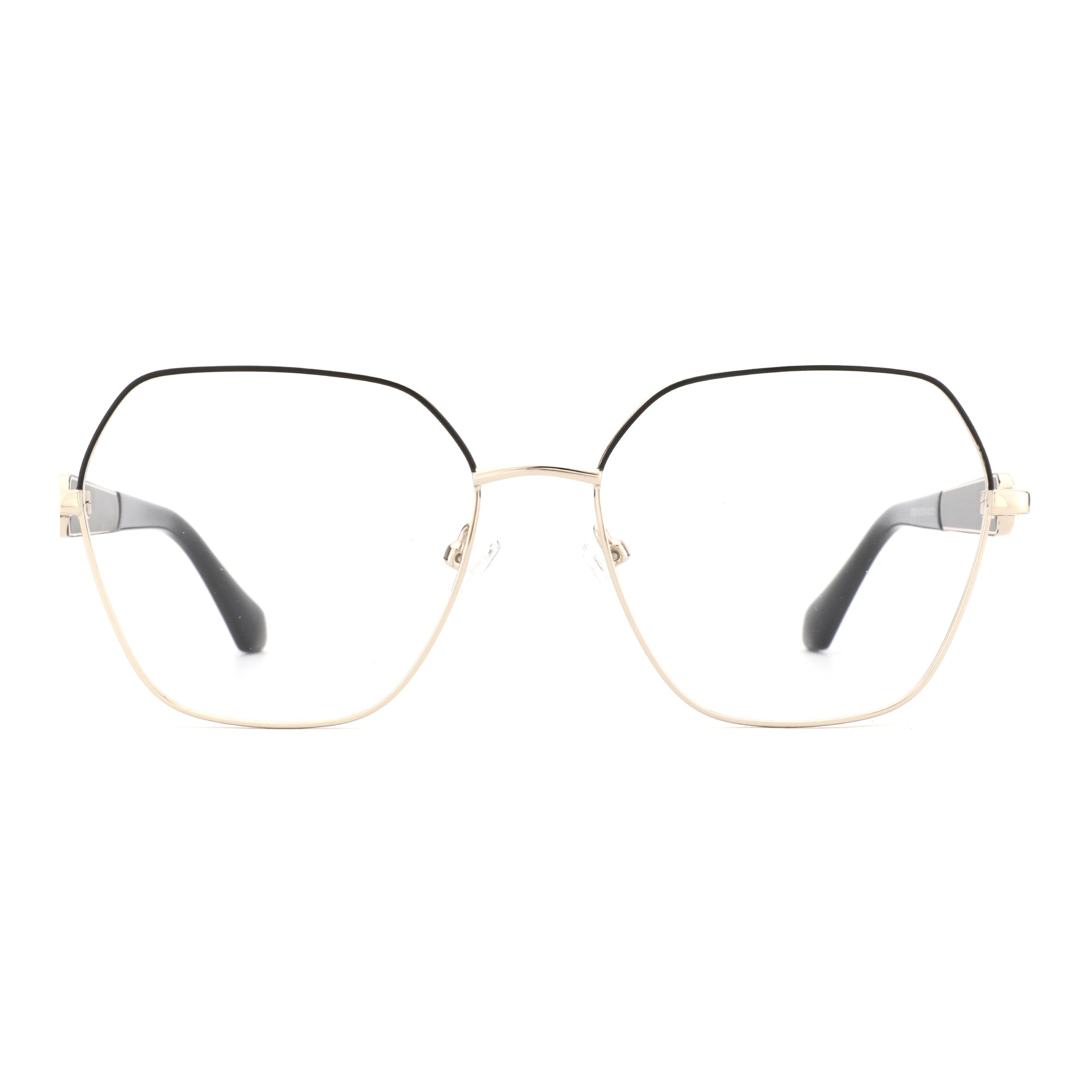 ZENOTTIC Zoey geometric eyeglasses with gold metal frame, black rim, and clear lenses.
