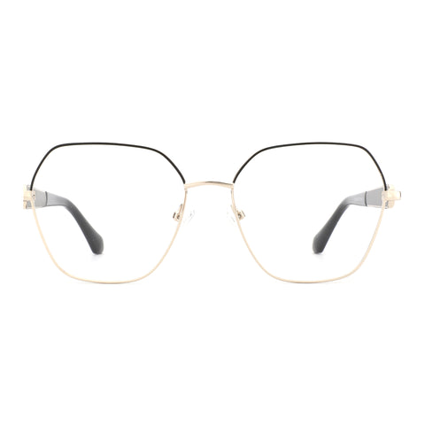 ZENOTTIC Zoey geometric eyeglasses with gold metal frame, black rim, and clear lenses.