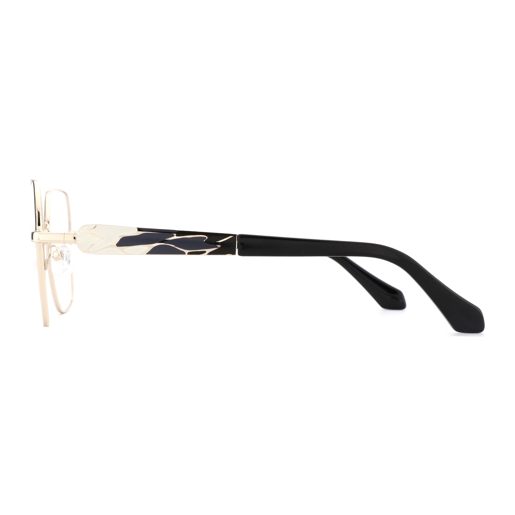 ZENOTTIC Zoey eyeglasses side view: gold metal geometric frame with black decorative temple arm.