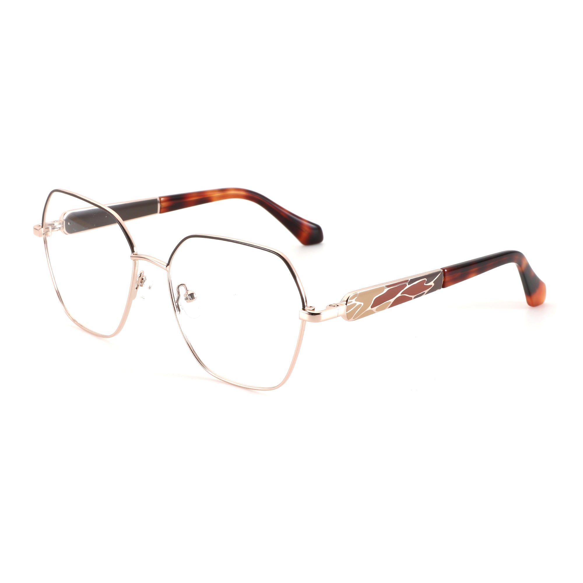 ZENOTTIC Zoey eyeglasses: rose gold metal geometric frame, clear lenses, tortoiseshell temples.