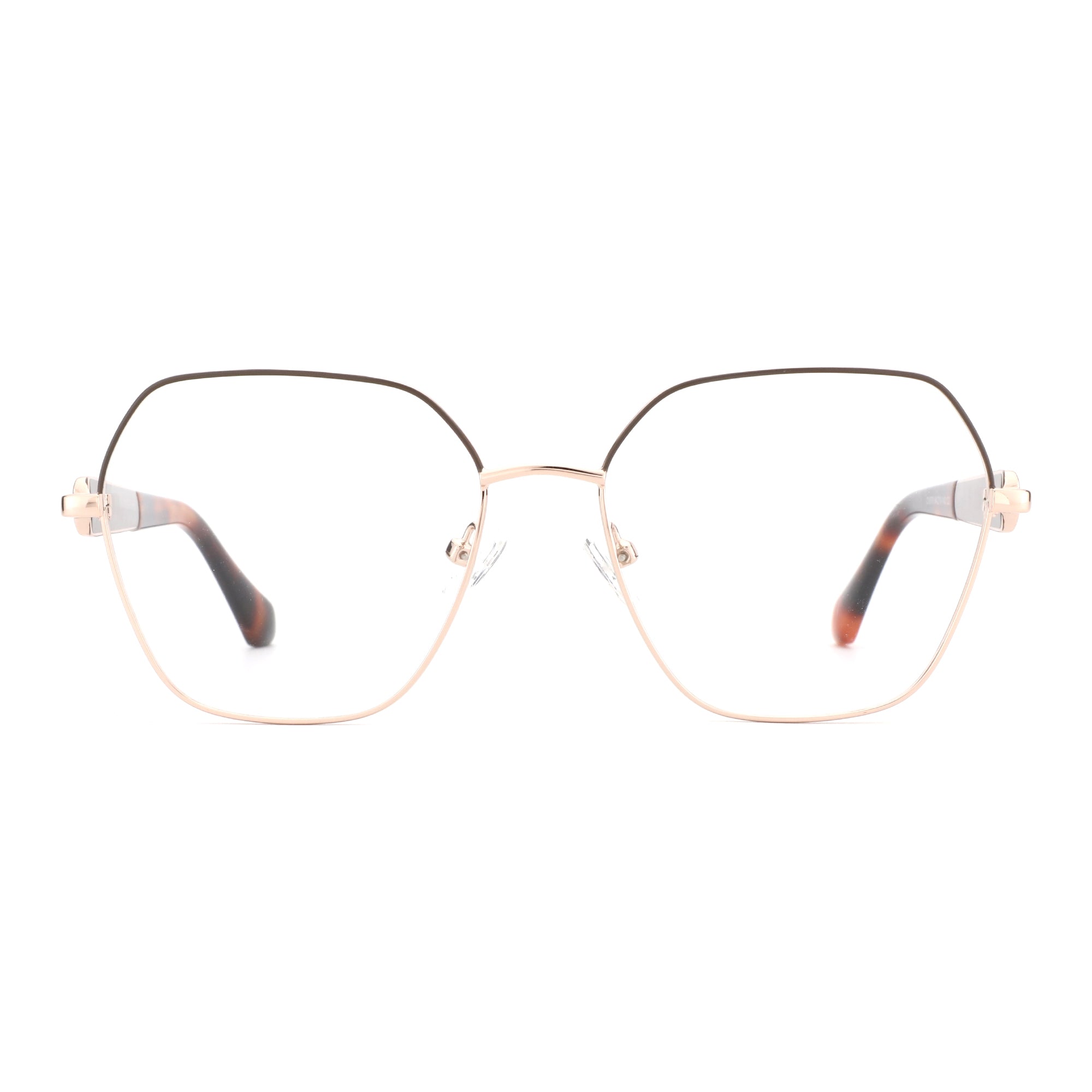 ZENOTTIC Zoey geometric eyeglasses with gold metal frame and tortoise shell temple arms.