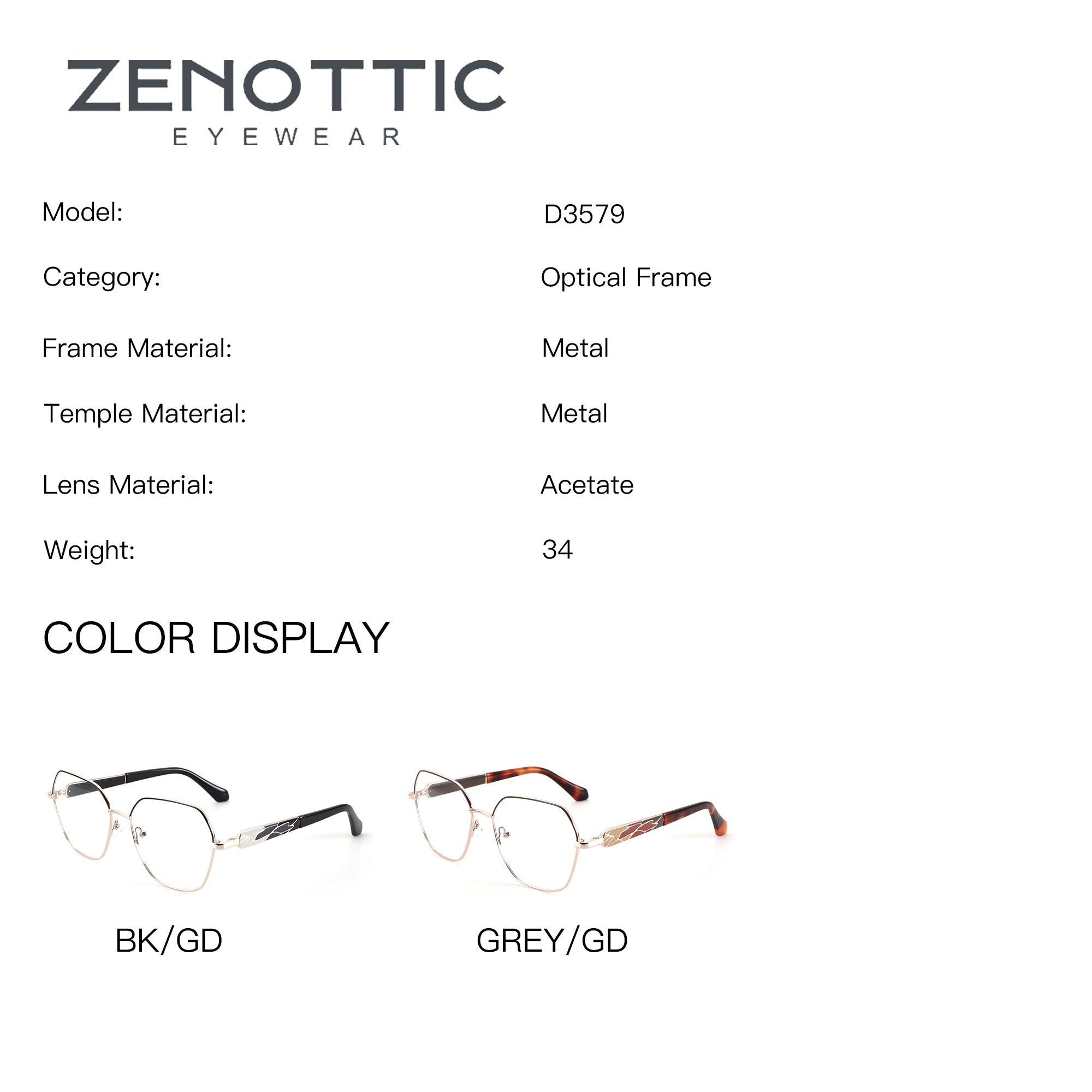 ZENOTTIC Zoey eyeglasses D3579: BK/GD and GREY/GD color options. Metal geometric frame.