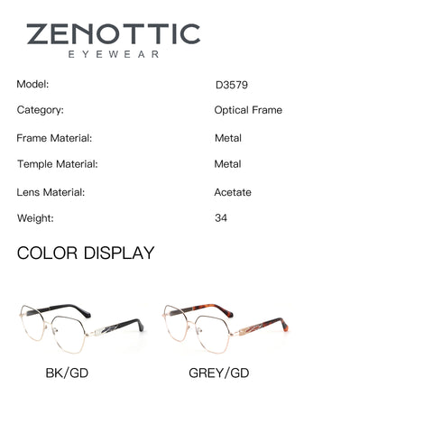ZENOTTIC Zoey eyeglasses D3579: BK/GD and GREY/GD color options. Metal geometric frame.