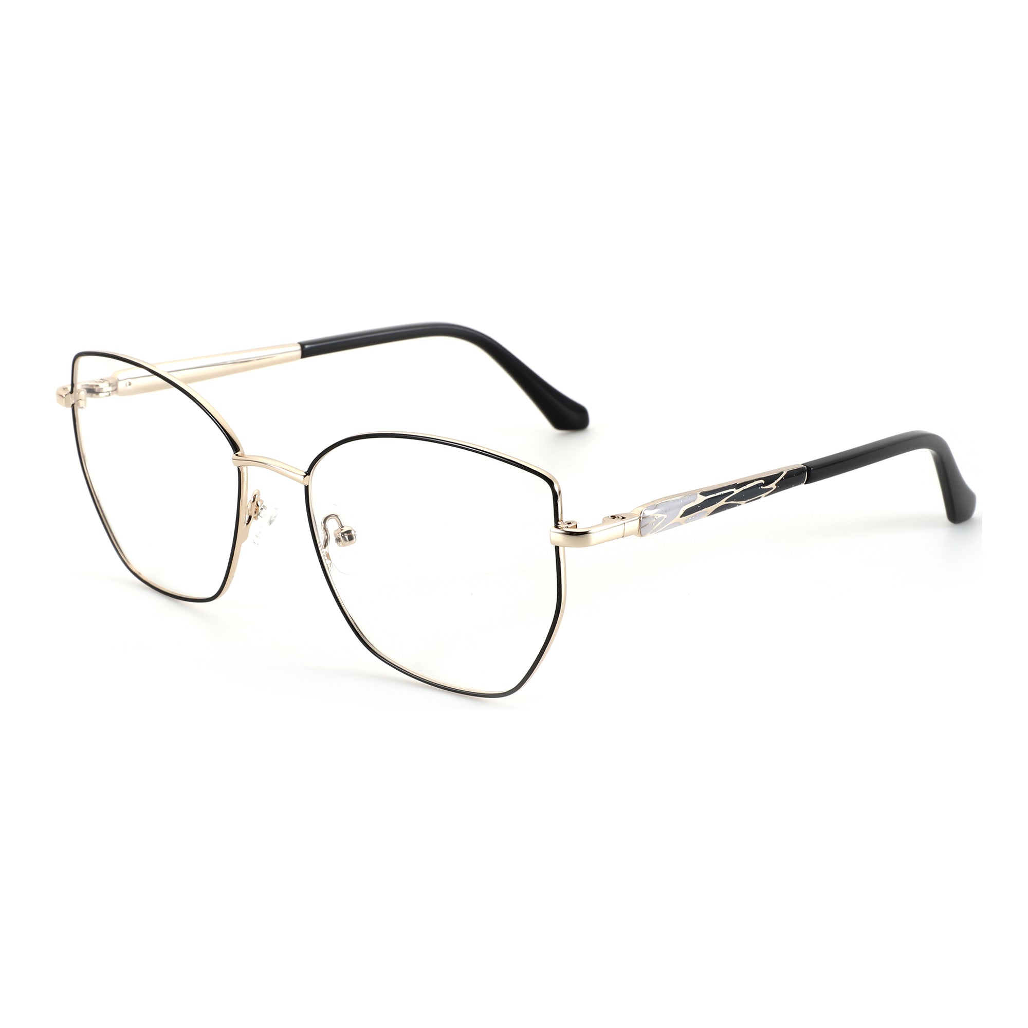 ZENOTTIC Lillian eyeglasses: geometric gold metal frame, black temples with decorative inlay.