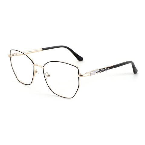 ZENOTTIC Lillian eyeglasses: geometric gold metal frame, black temples with decorative inlay.