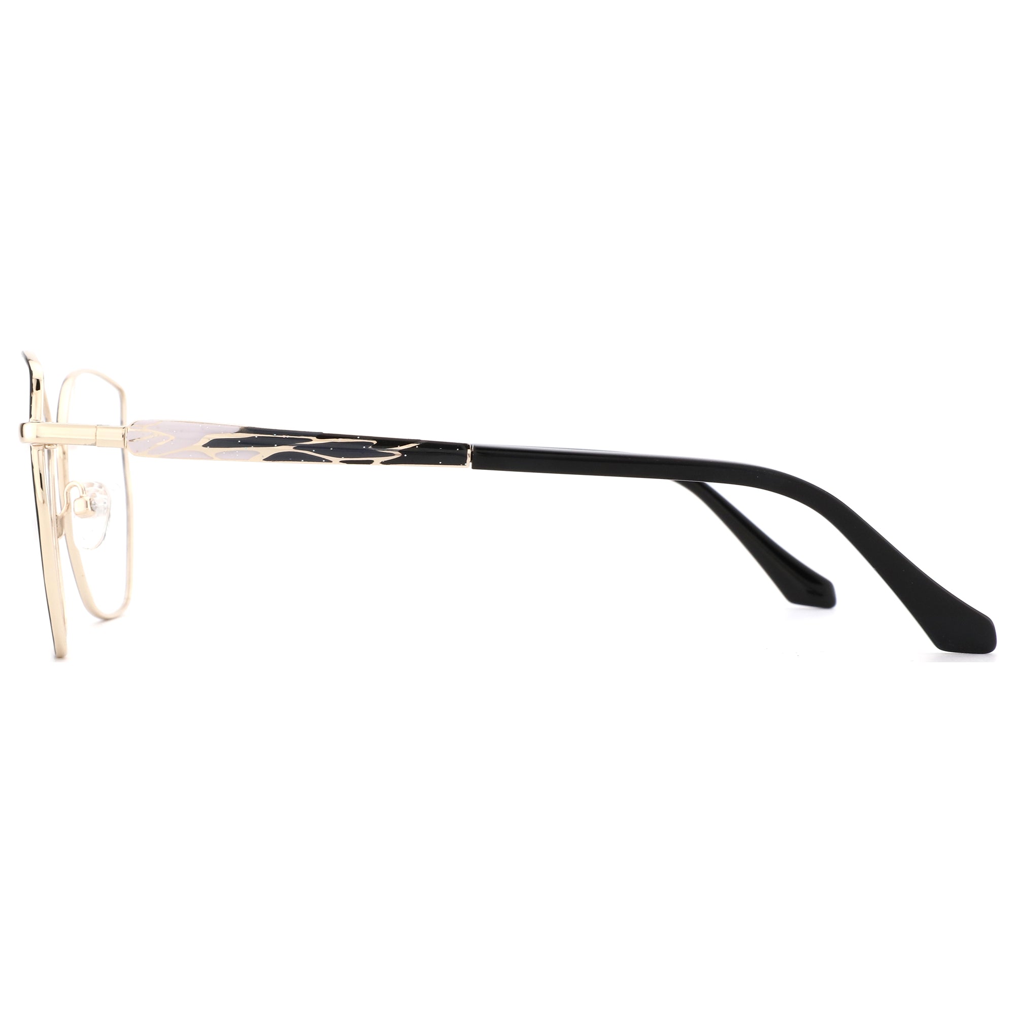 ZENOTTIC Lillian geometric eyeglasses: gold metal frame, patterned black temples.