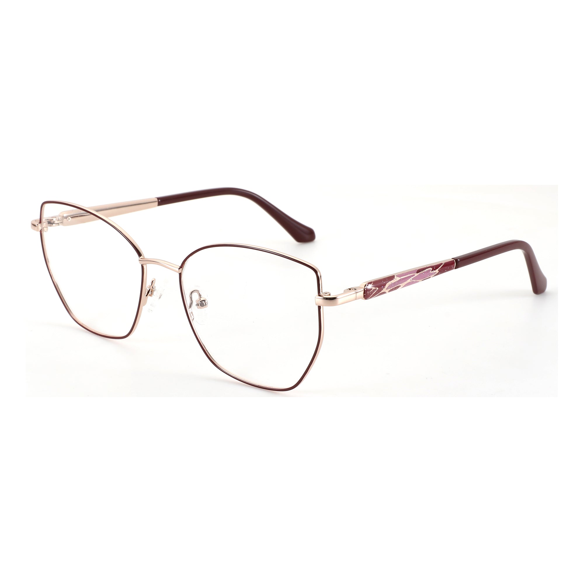 ZENOTTIC Lillian geometric eyeglasses: rose gold metal frame, burgundy temples with rhinestone detail.