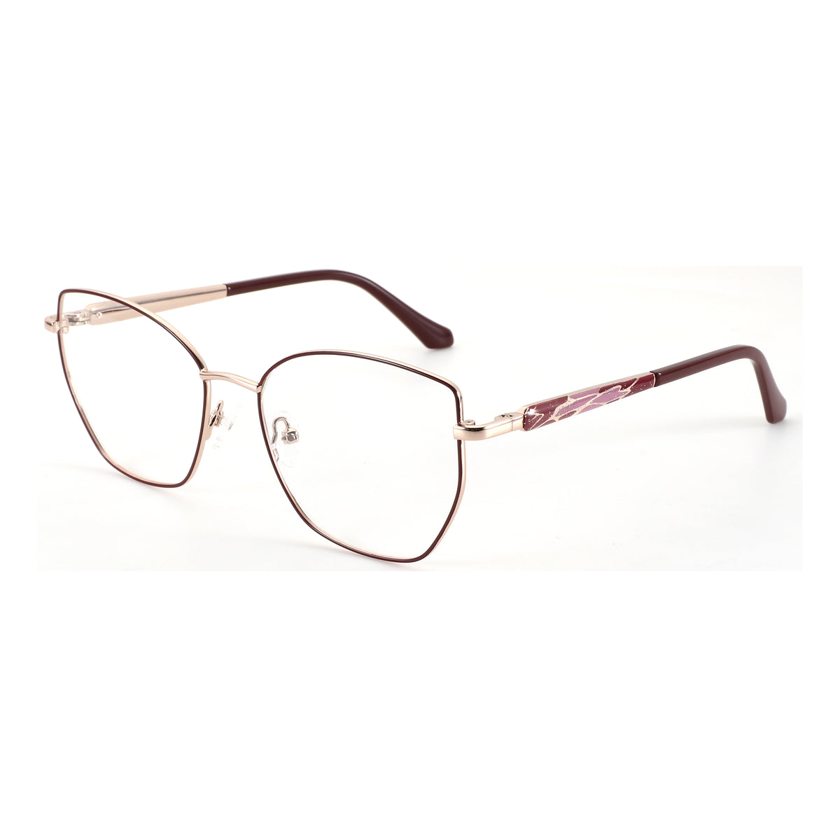 ZENOTTIC Lillian geometric eyeglasses: rose gold metal frame, burgundy temples with rhinestone detail.
