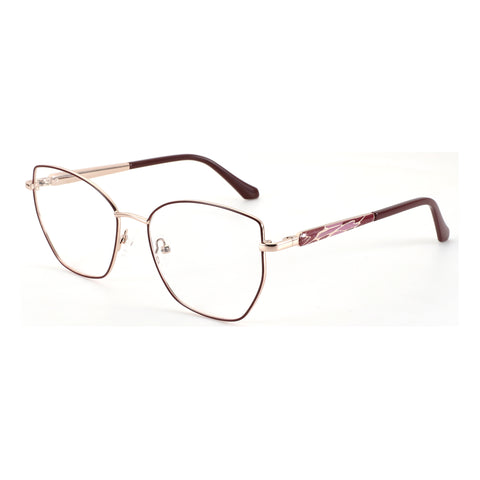 ZENOTTIC Lillian geometric eyeglasses: rose gold metal frame, burgundy temples with rhinestone detail.