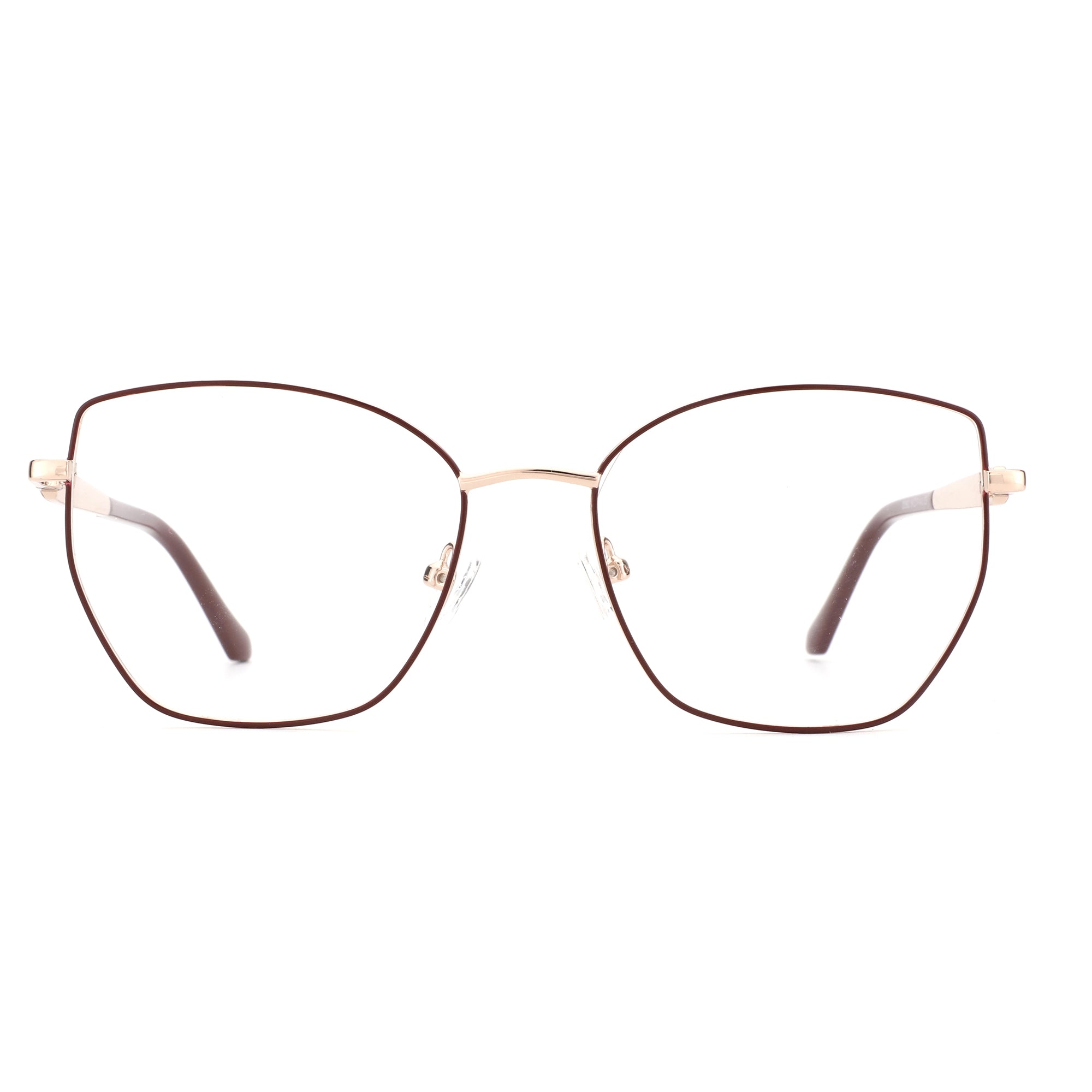 ZENOTTIC Lillian: trendy geometric metal eyeglasses, maroon rim, gold temples, rhinestones.