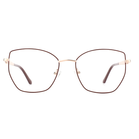 ZENOTTIC Lillian: trendy geometric metal eyeglasses, maroon rim, gold temples, rhinestones.