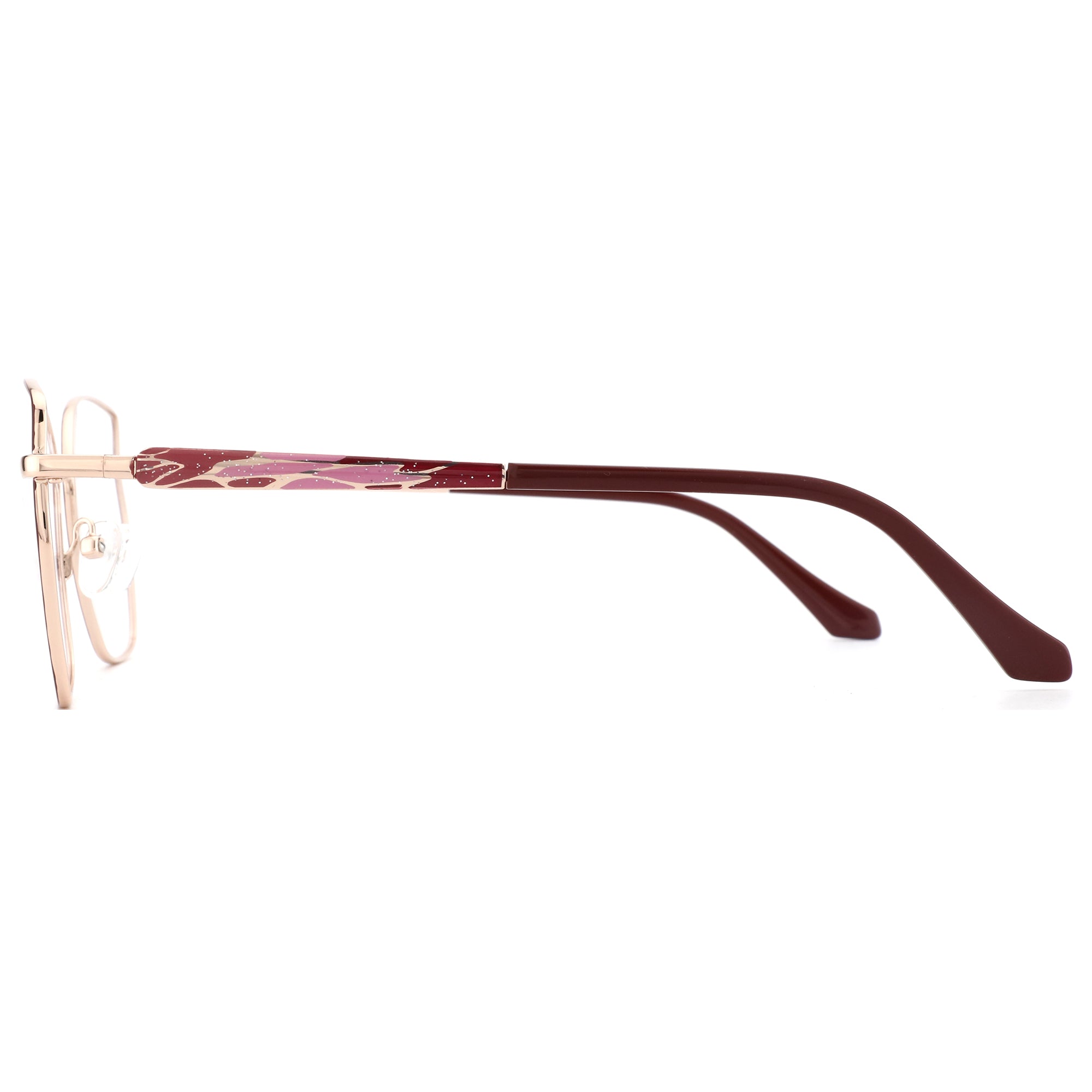 ZENOTTIC Lillian eyeglasses: rose gold metal frame front, geometric patterned glitter temple.