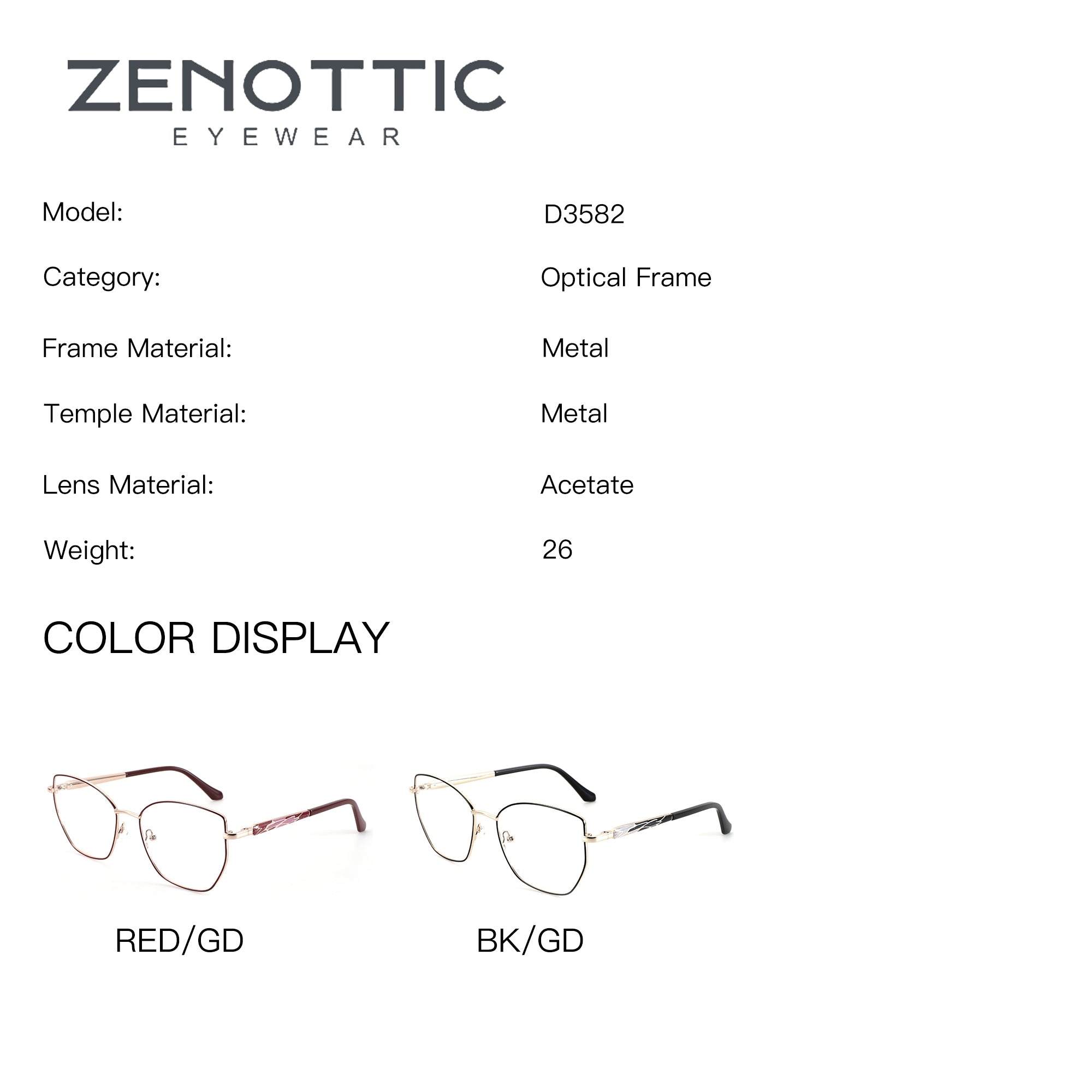 ZENOTTIC Lillian geometric metal eyeglasses in Red/Gold and Black/Gold.