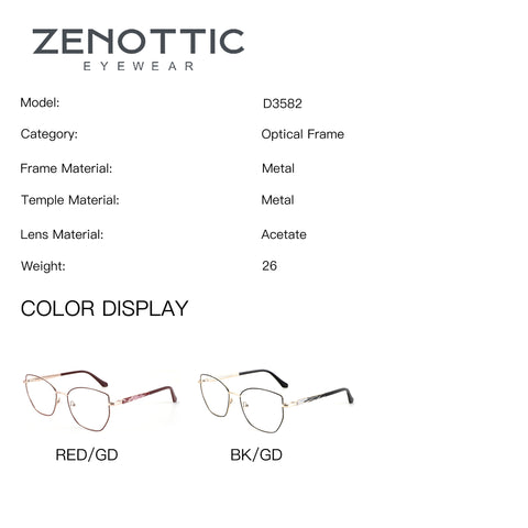 ZENOTTIC Lillian geometric metal eyeglasses in Red/Gold and Black/Gold.