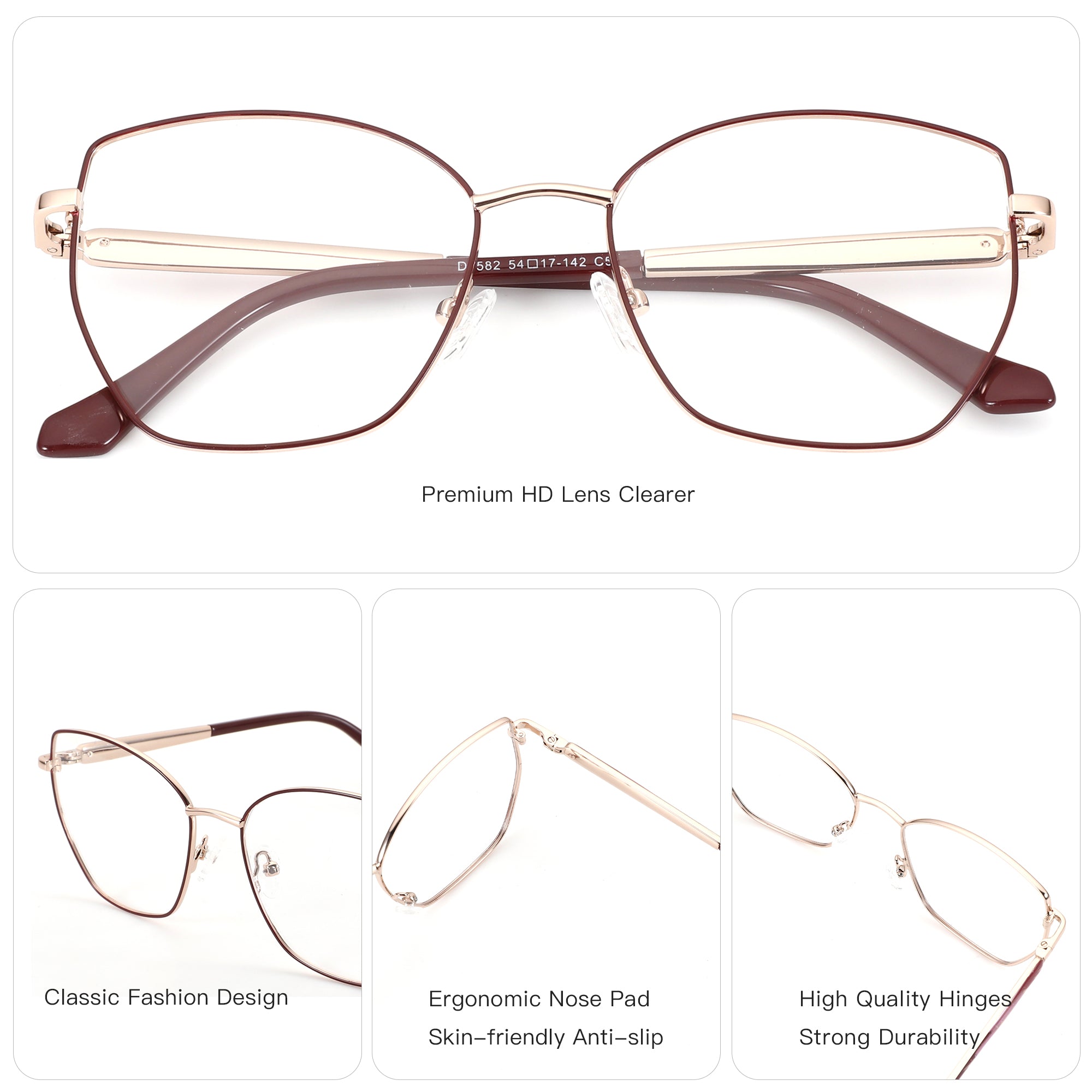 ZENOTTIC Lillian geometric eyeglasses: burgundy metal frame, gold accents, clear lenses.