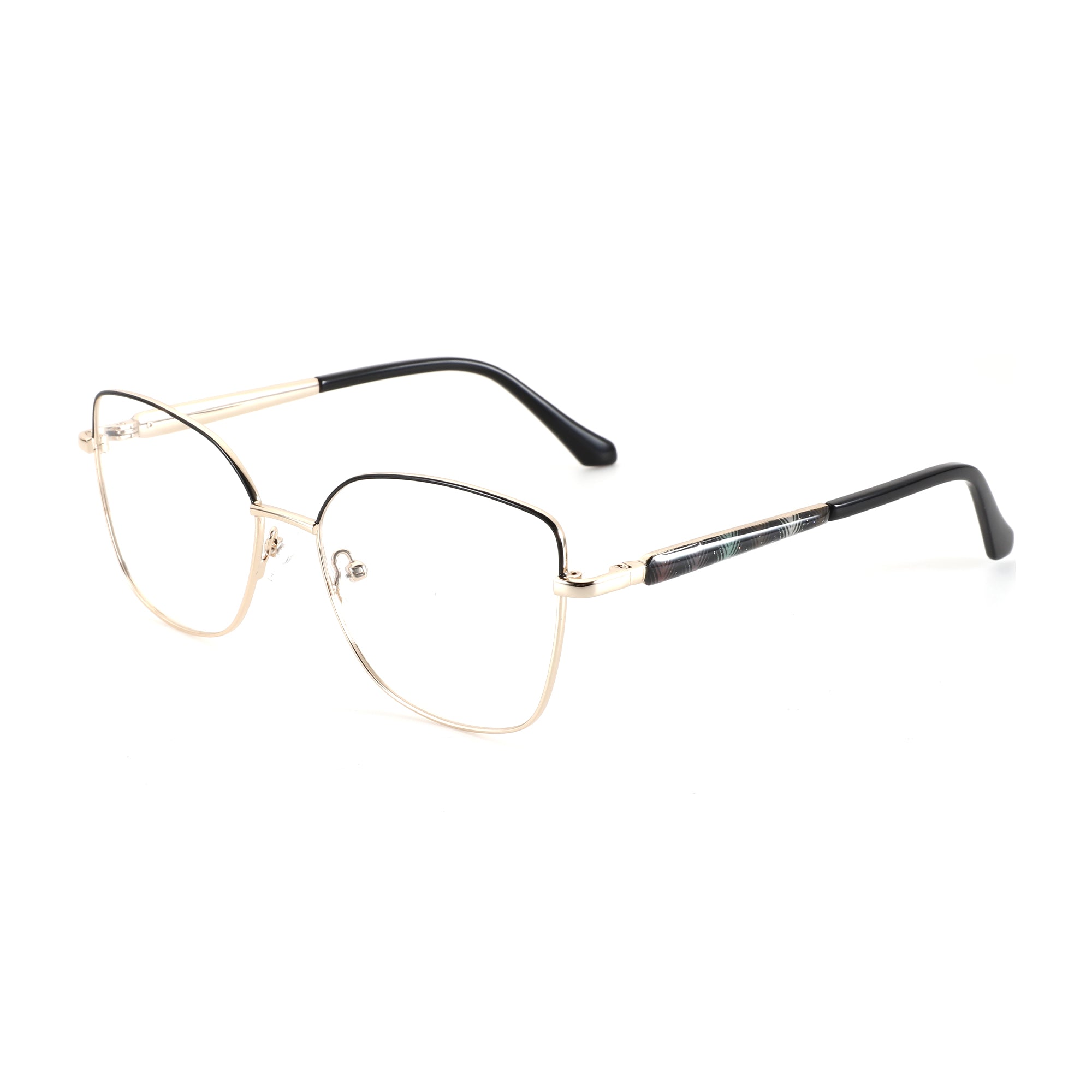 ZENOTTIC Andrea gold metal cat-eye eyeglasses with black temples and clear demo lenses.