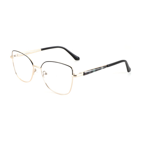 ZENOTTIC Andrea gold metal cat-eye eyeglasses with black temples and clear demo lenses.