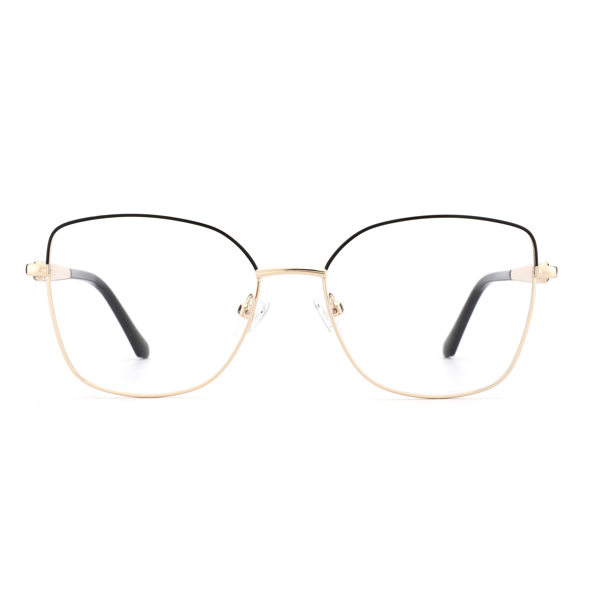 ZENOTTIC Andrea eyeglasses: gold metal cat eye frame with black top rim, clear lenses.