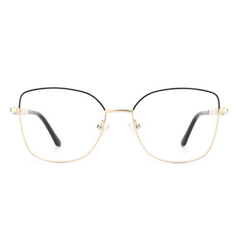 ZENOTTIC Andrea eyeglasses: gold metal cat eye frame with black top rim, clear lenses.