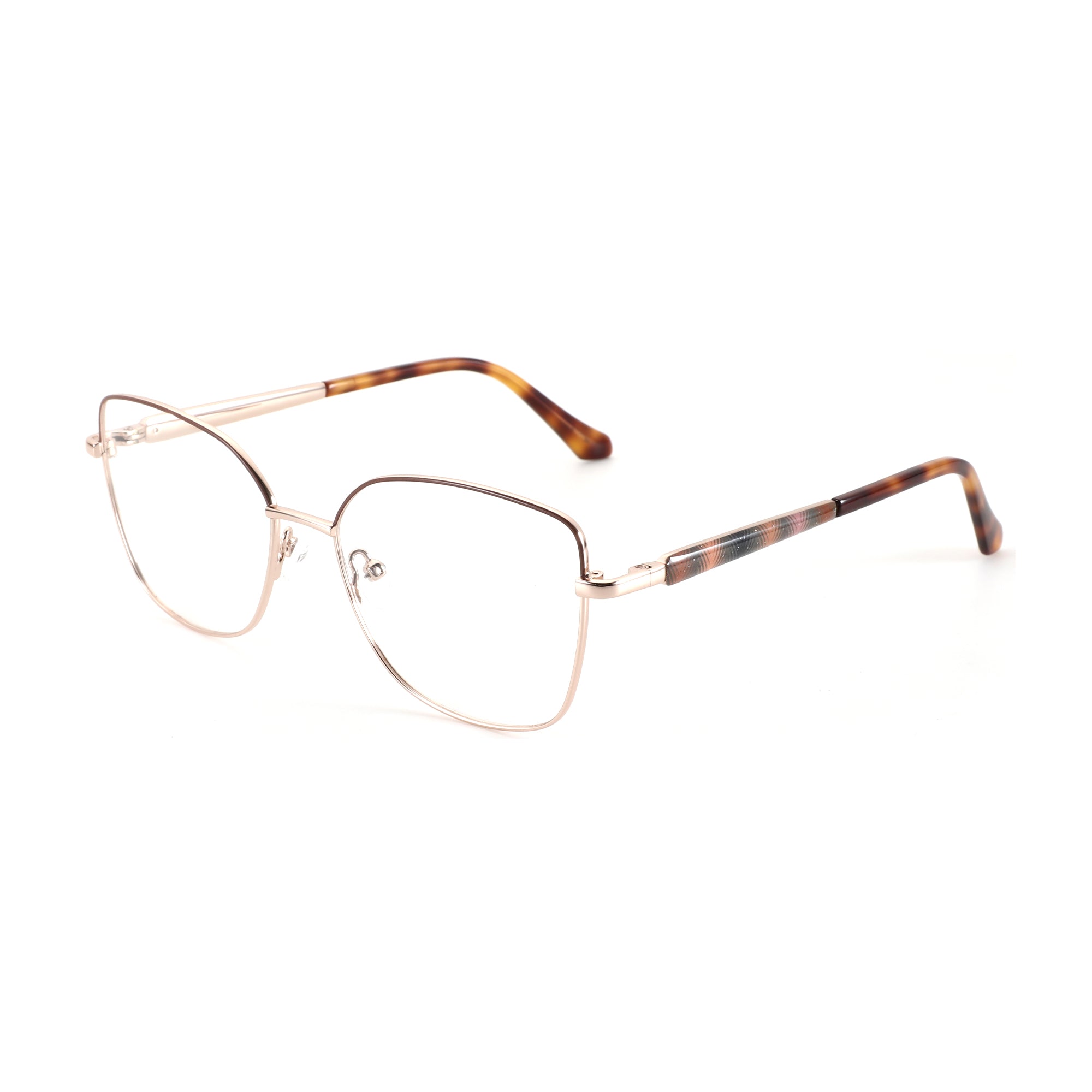 ZENOTTIC Andrea cat-eye eyeglasses: rose gold metal frame, tortoise & striped temples.