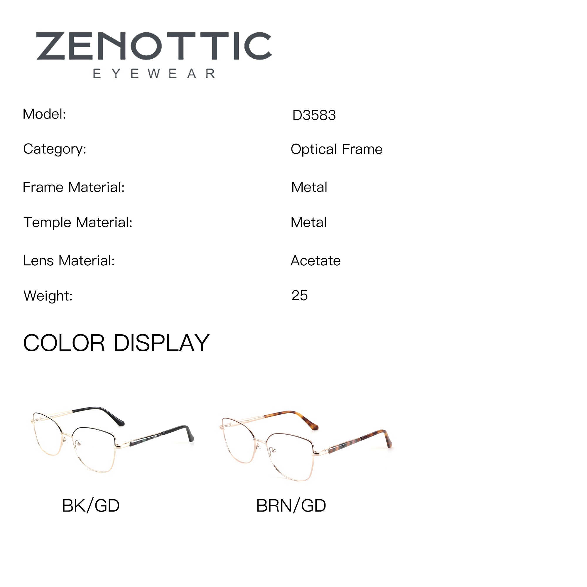 ZENOTTIC Andrea D3583 eyeglasses: gold metal cat-eye frames in BK/GD (black/gold) and BRN/GD (tortoise/gold).