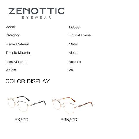 ZENOTTIC Andrea D3583 eyeglasses: gold metal cat-eye frames in BK/GD (black/gold) and BRN/GD (tortoise/gold).