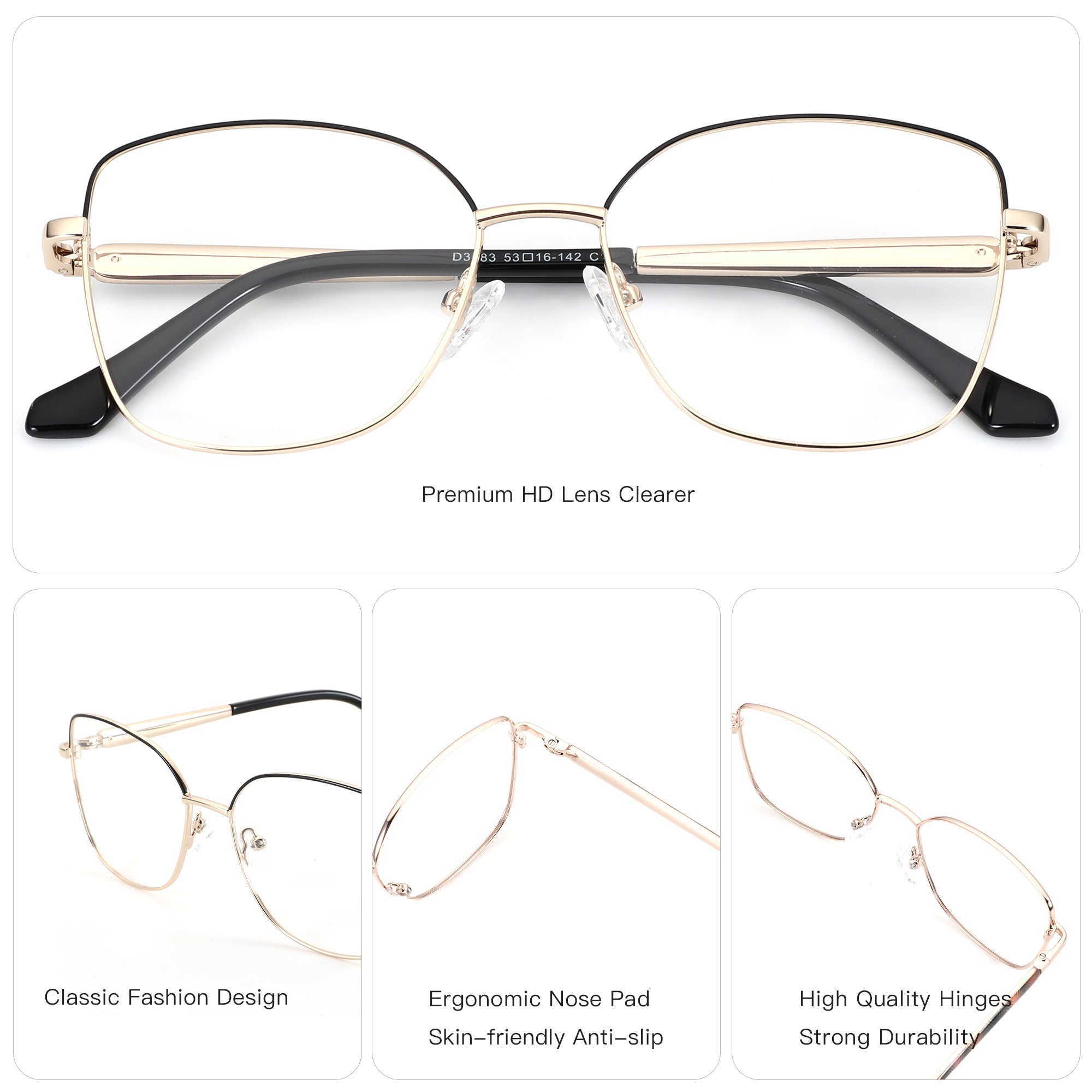 ZENOTTIC Andrea eyeglasses: Gold metal cat eye frame (53-16-142), clear lenses, premium HD.